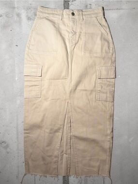 Revelation Denim Cream Cargo Midi Skirt Raw Hem Utility Skirt Neutral Y2K